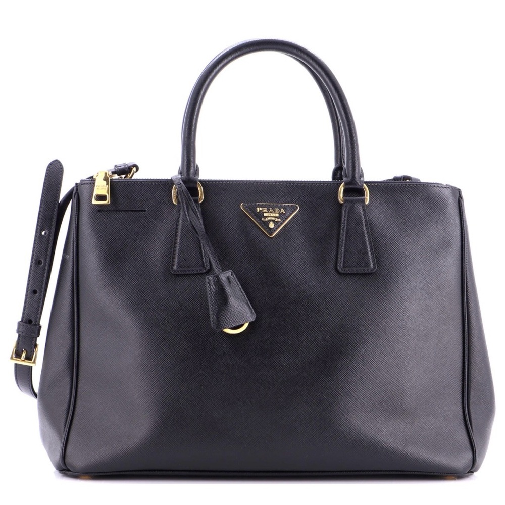 100% Auth PRADA Galleria Double Zip Tote Black Saffiano Leather Satchel medium